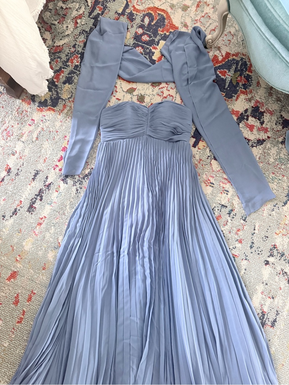 Elegant Pleated Strapless Formal Dress in Steel Blue with Neck Scarf